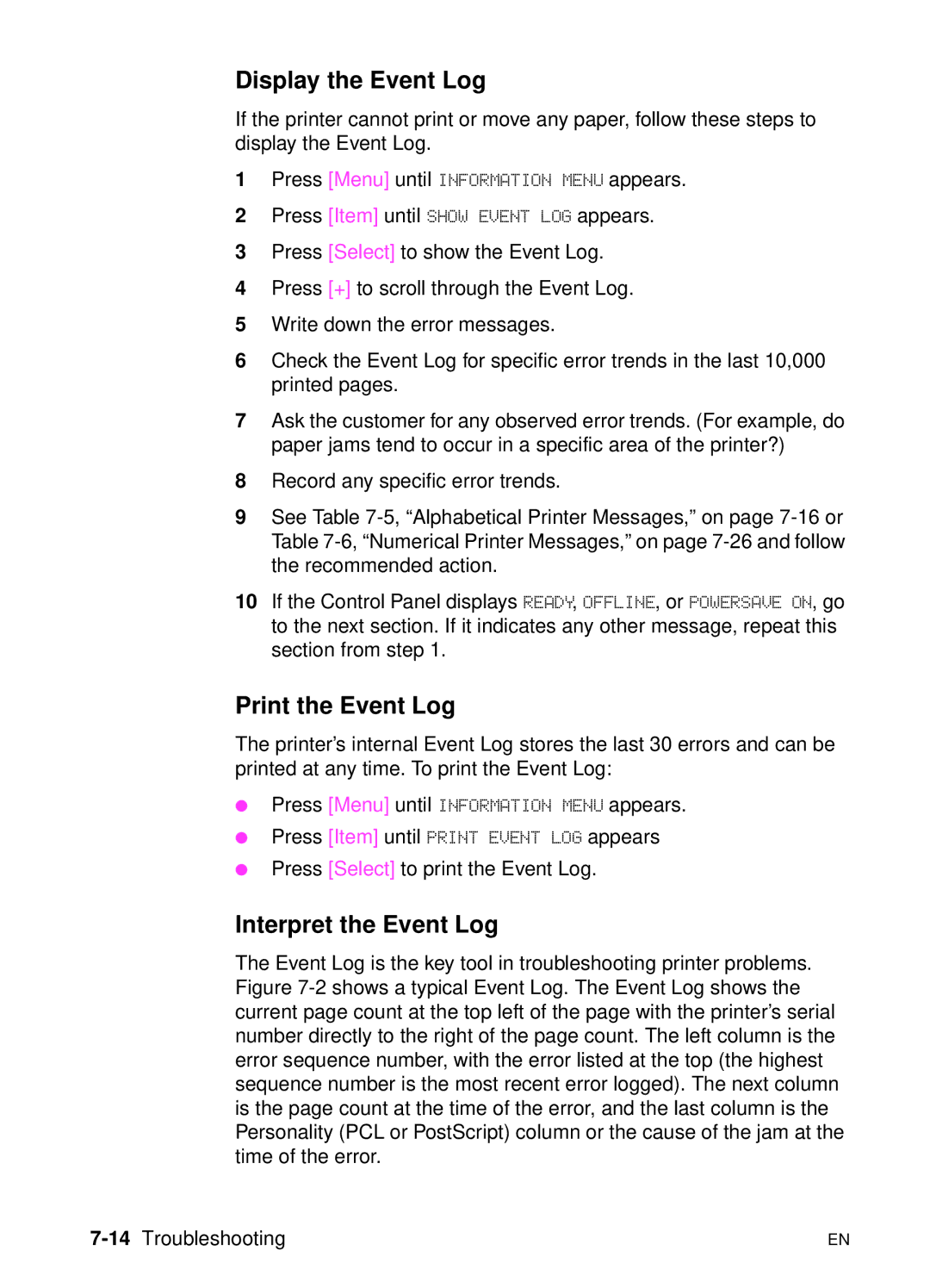 HP 5000n manual Display the Event Log, Print the Event Log, Interpret the Event Log, 14Troubleshooting 