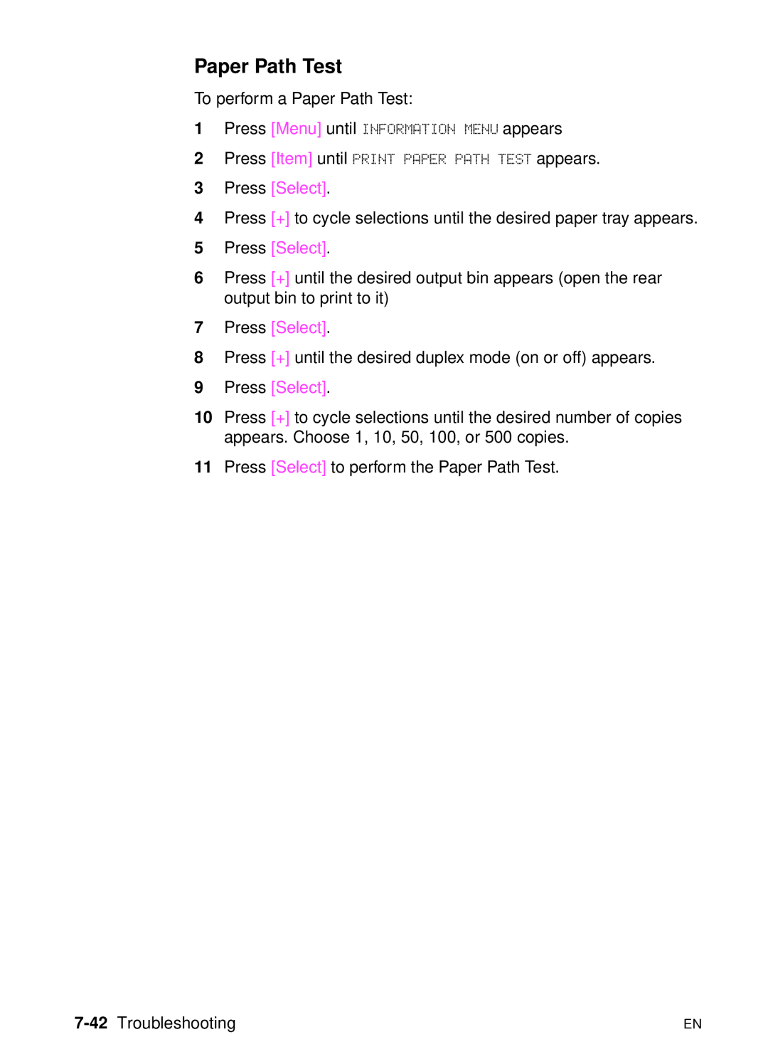 HP 5000n manual Paper Path Test, 42Troubleshooting 