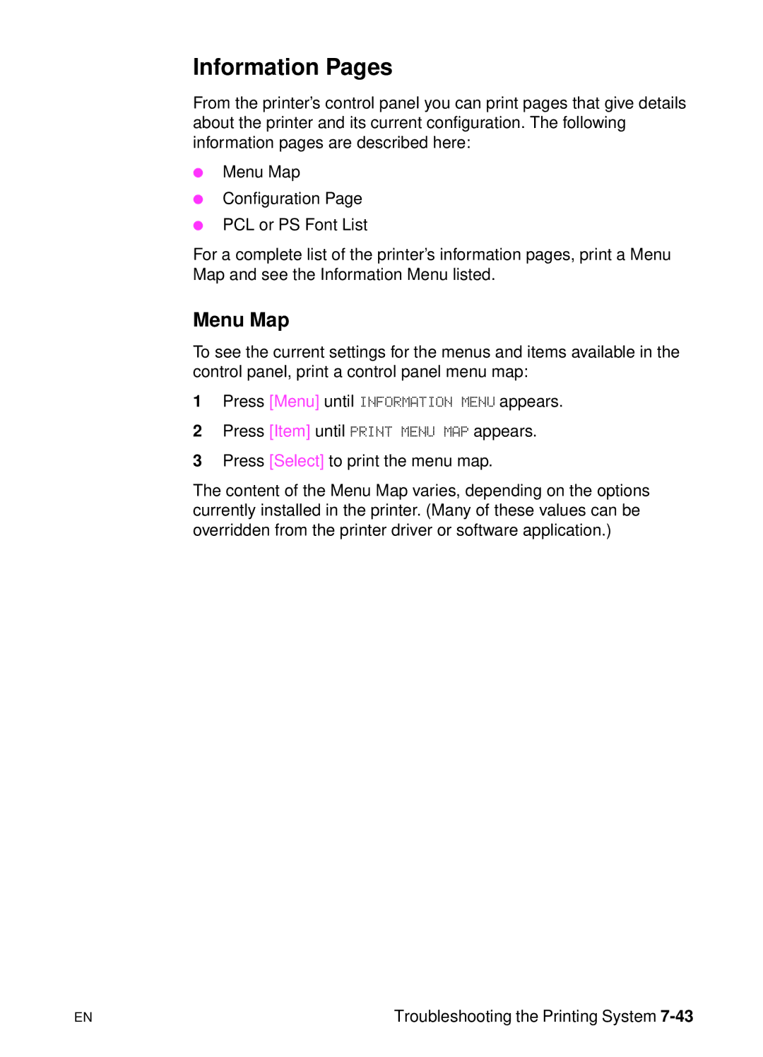 HP 5000n manual Information Pages, Menu Map 