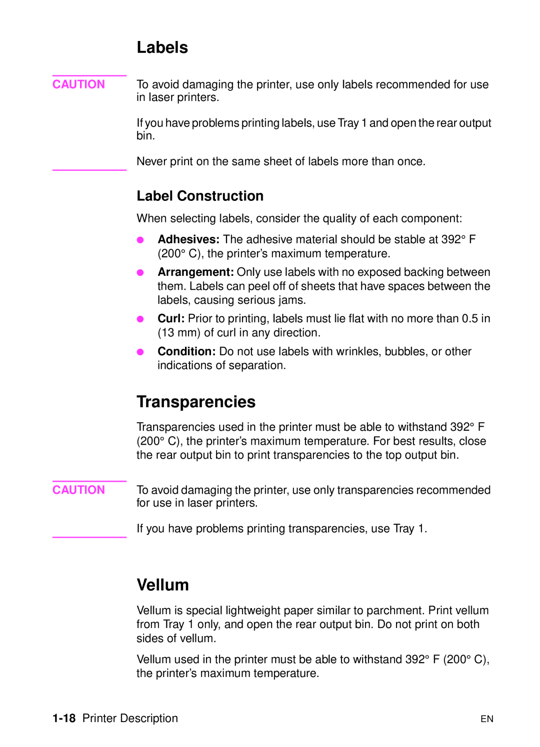 HP 5000n manual Labels, Transparencies, Vellum, Label Construction, 18Printer Description 