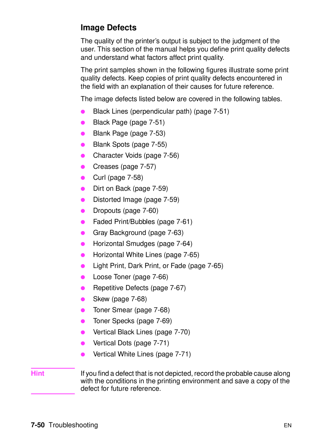 HP 5000n manual Image Defects, 50Troubleshooting 