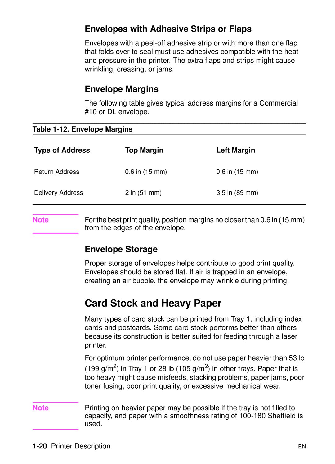 HP 5000n manual Card Stock and Heavy Paper, Envelopes with Adhesive Strips or Flaps, Envelope Margins, Envelope Storage 