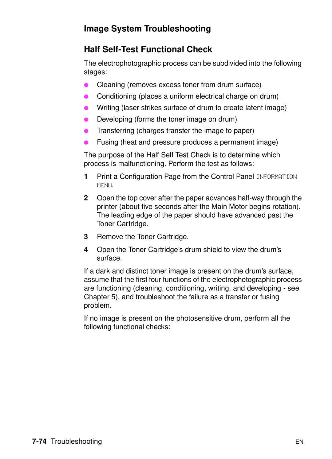 HP 5000n manual Image System Troubleshooting Half Self-Test Functional Check, 74Troubleshooting 