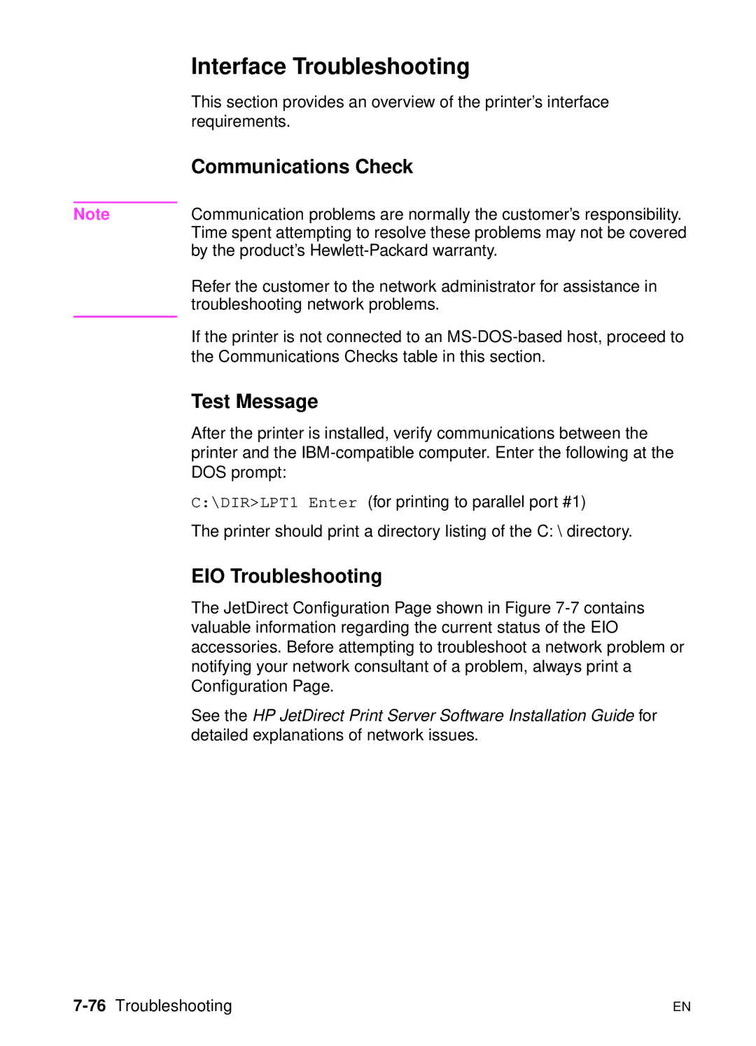 HP 5000n manual Interface Troubleshooting, Communications Check, Test Message, EIO Troubleshooting, 76Troubleshooting 