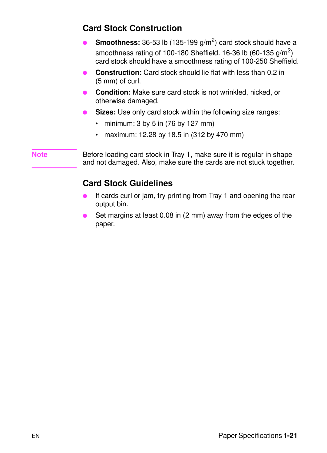 HP 5000n manual Card Stock Construction, Card Stock Guidelines 