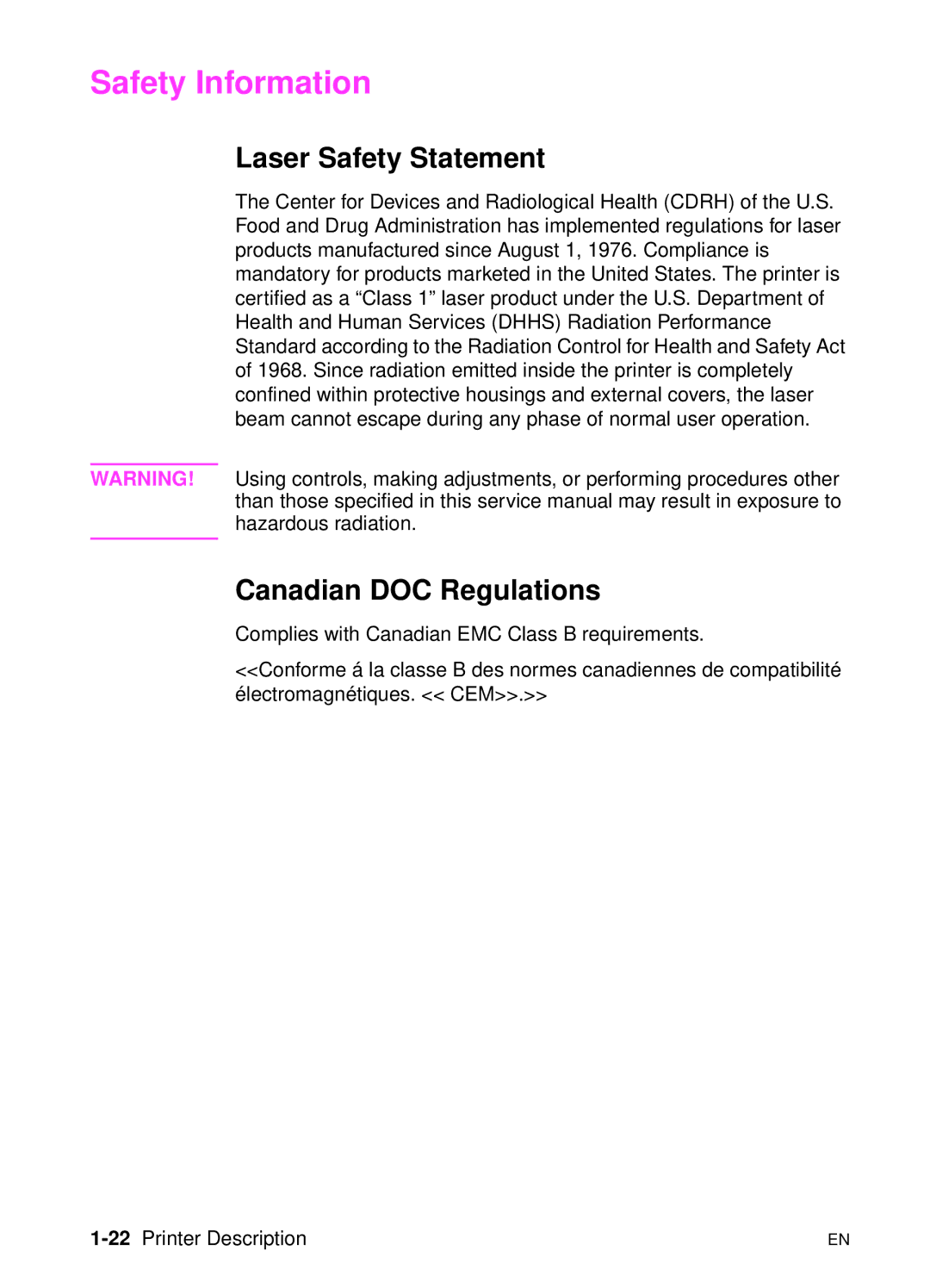 HP 5000n manual Safety Information, Laser Safety Statement, Canadian DOC Regulations, 22Printer Description 