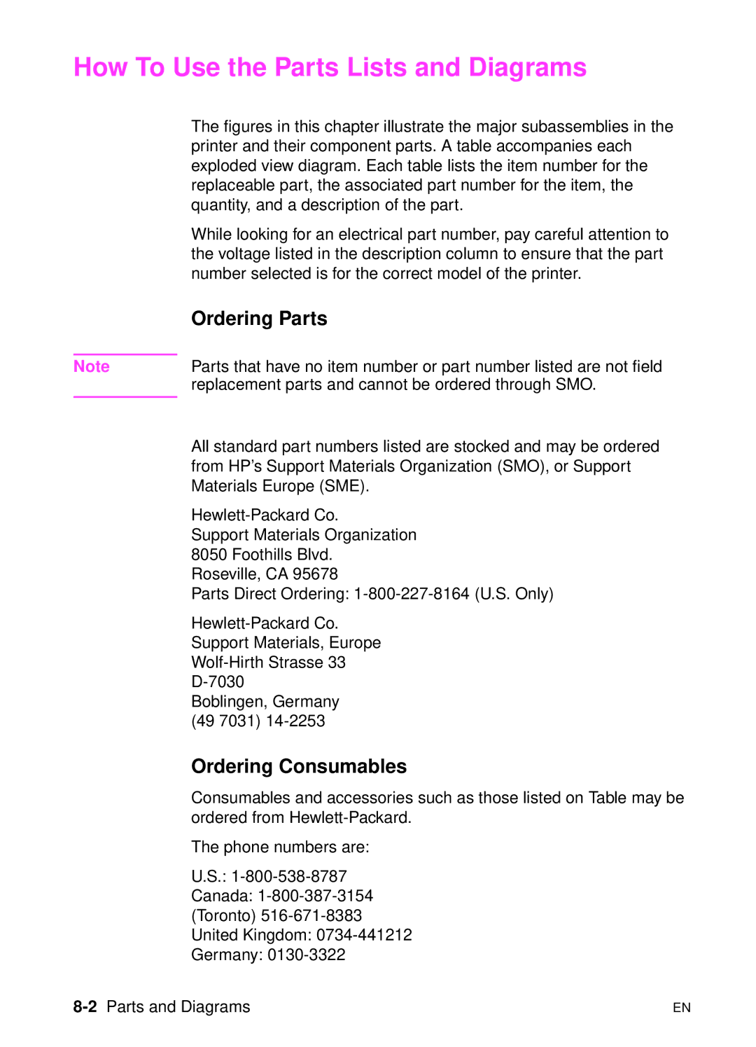 HP 5000n manual How To Use the Parts Lists and Diagrams, Ordering Parts, Ordering Consumables, 2Parts and Diagrams 