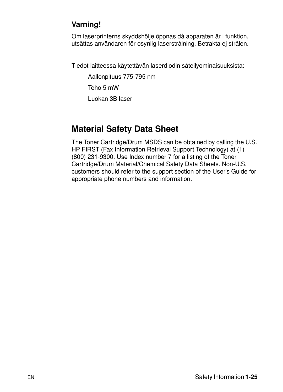 HP 5000n manual Material Safety Data Sheet 