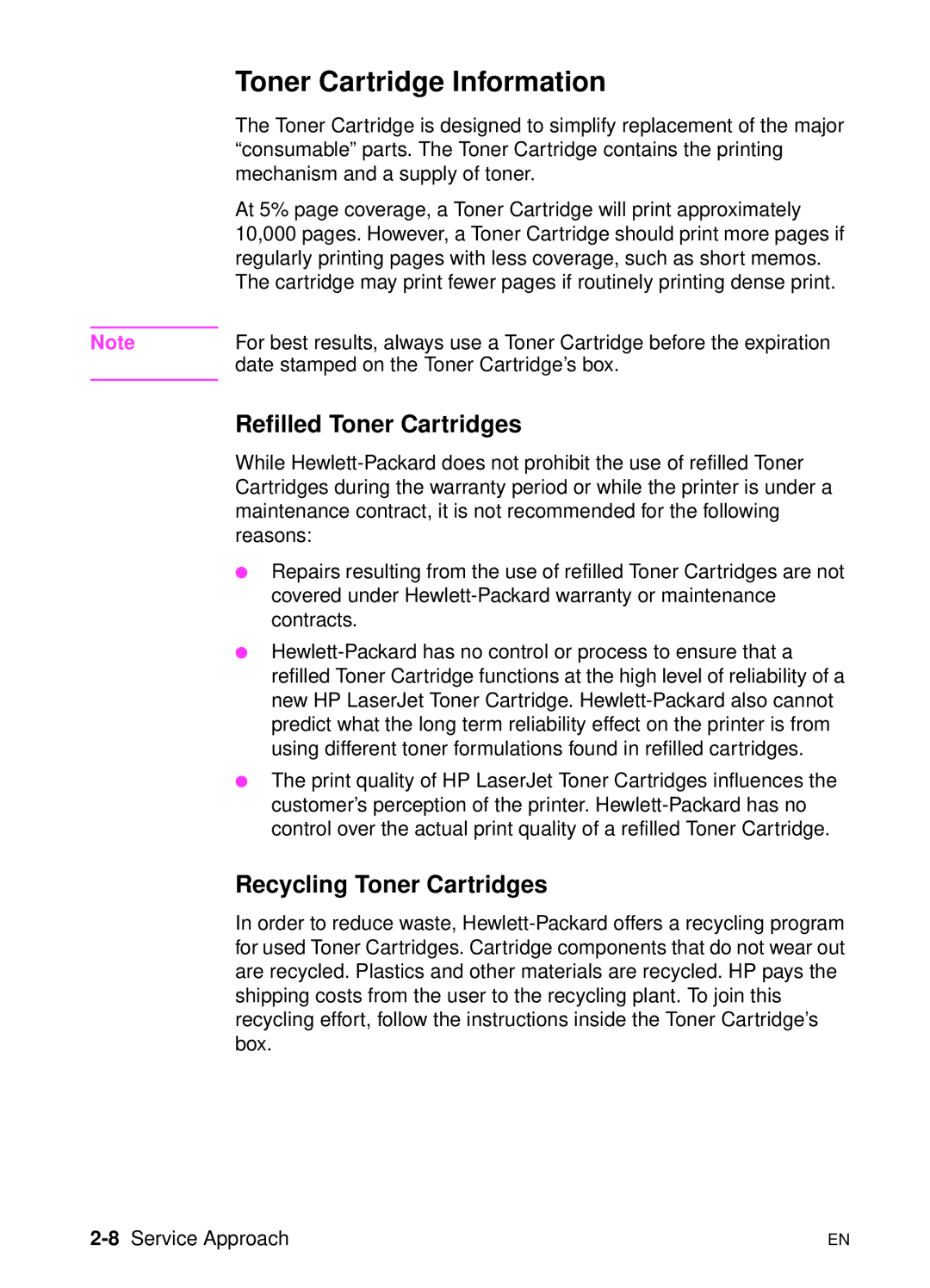 HP 5000n manual Toner Cartridge Information, Refilled Toner Cartridges, Recycling Toner Cartridges, 8Service Approach 