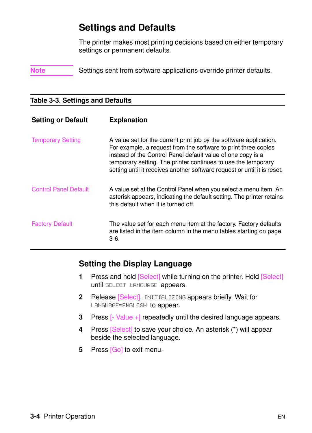 HP 5000n manual Settings and Defaults, Setting the Display Language, Setting or Default Explanation, 4Printer Operation 