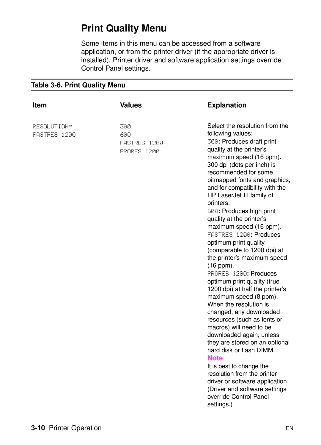 HP 5000n manual Print Quality Menu Values, Resolution=, Fastres, 10Printer Operation 