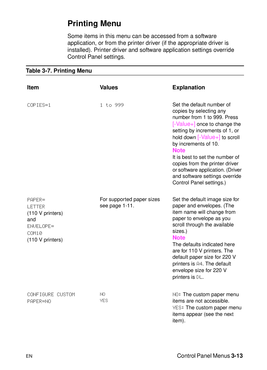 HP 5000n manual Printing Menu Values Explanation, COPIES=1, PAPER= Letter, ENVELOPE= COM10 