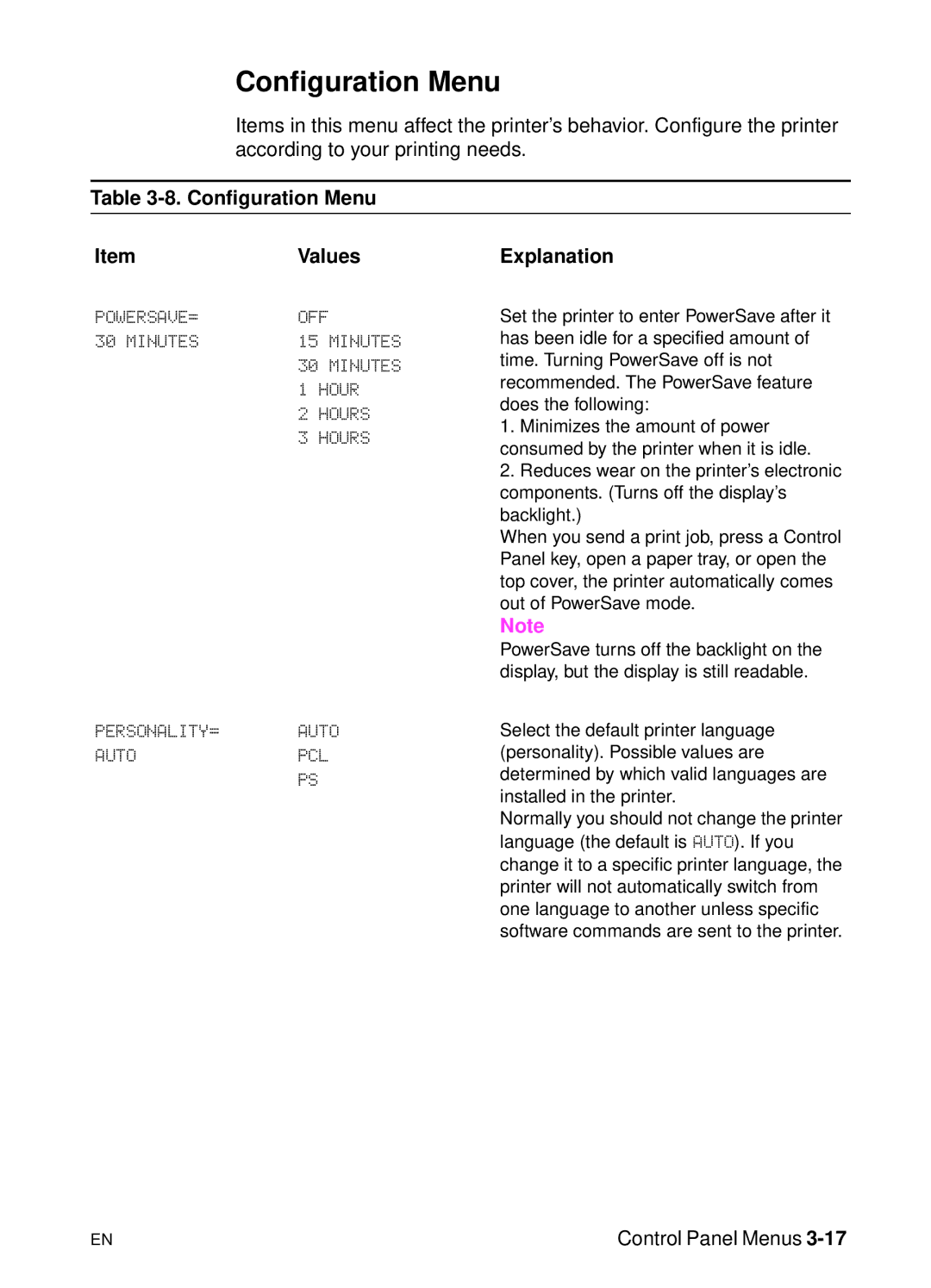 HP 5000n manual Configuration Menu 