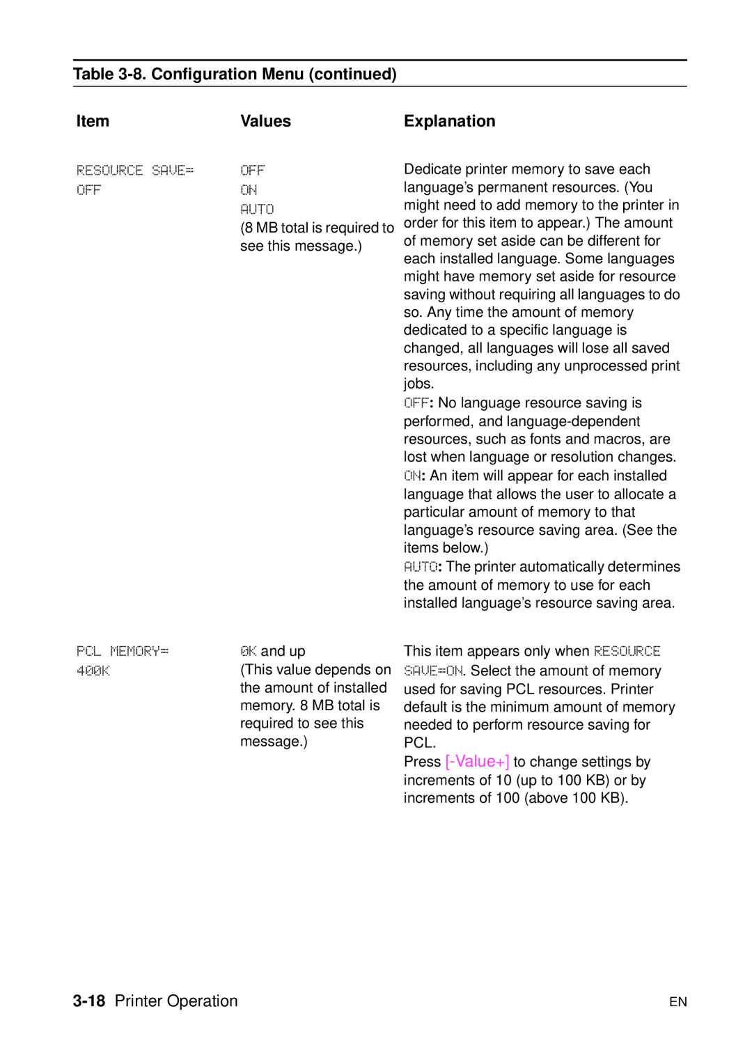 HP 5000n manual Configuration Menu Values Explanation, Resource SAVE= OFF Auto, 18Printer Operation 