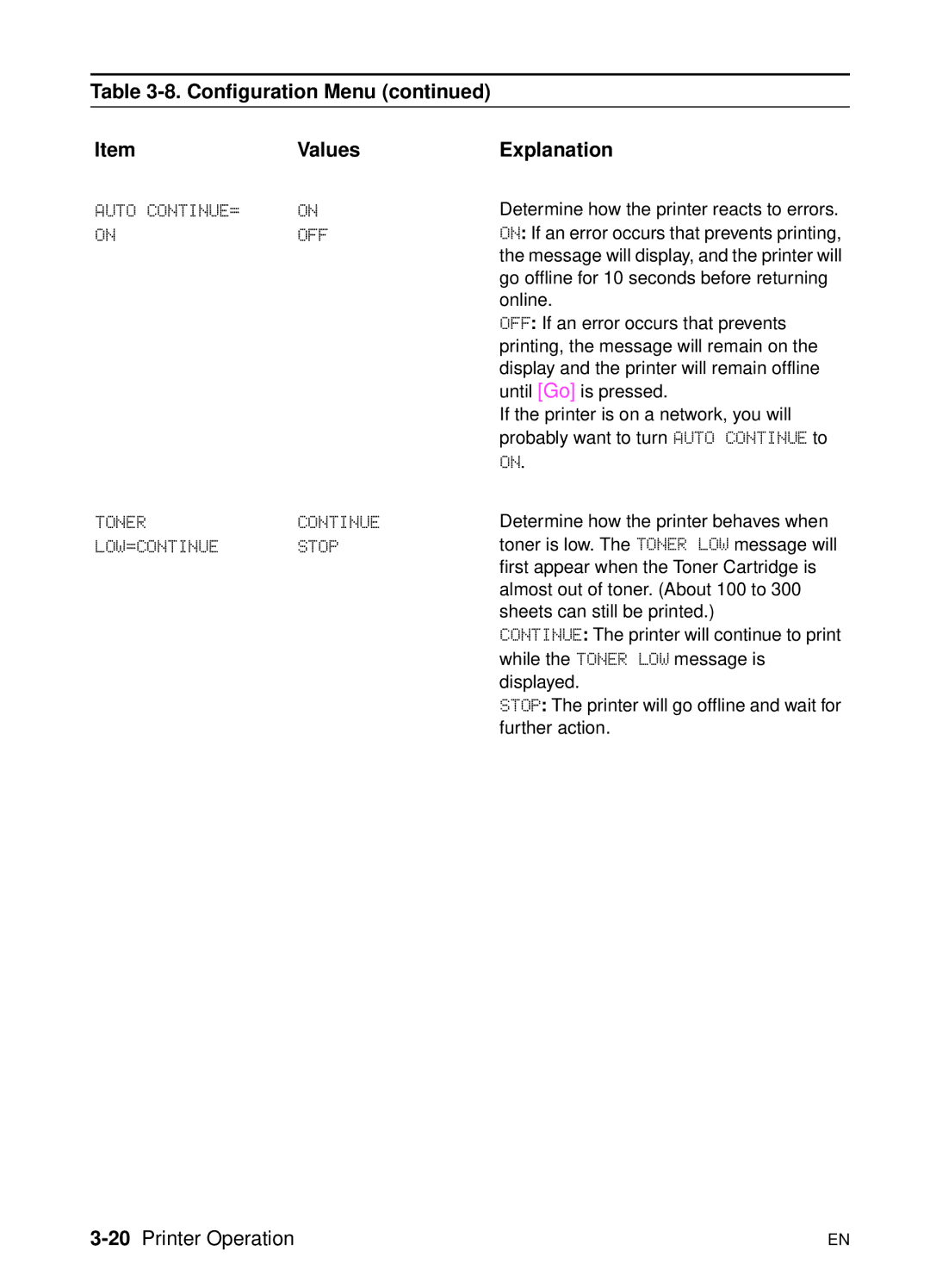 HP 5000n manual Configuration Menu ItemValues, Auto CONTINUE=, Tonercontinue LOW=CONTINUE Stop, 20Printer Operation 