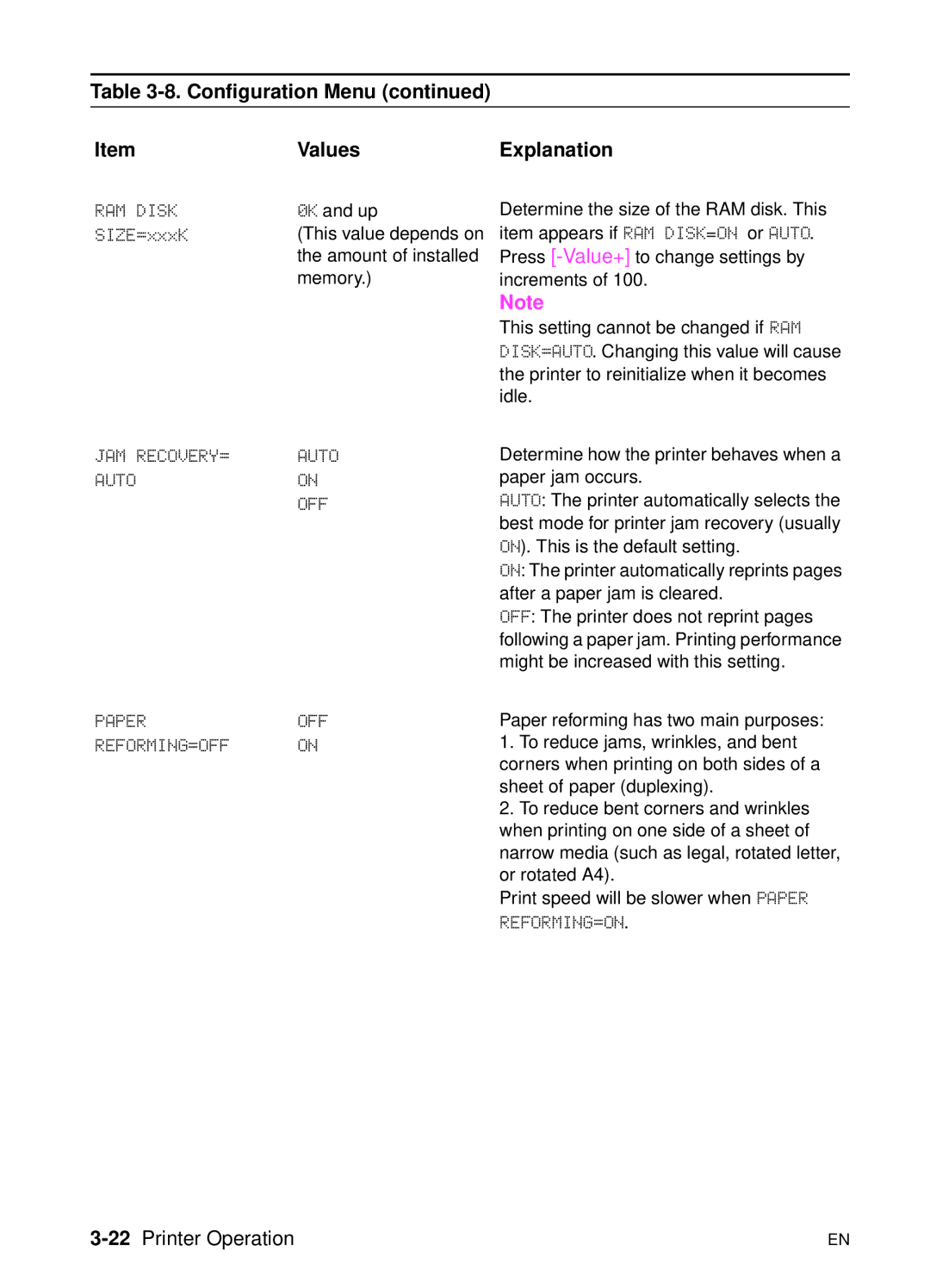 HP 5000n manual Configuration Menu Values, RAM Disk, Jam Recovery=, Auto OFF Paperoff REFORMING=OFF on, 22Printer Operation 