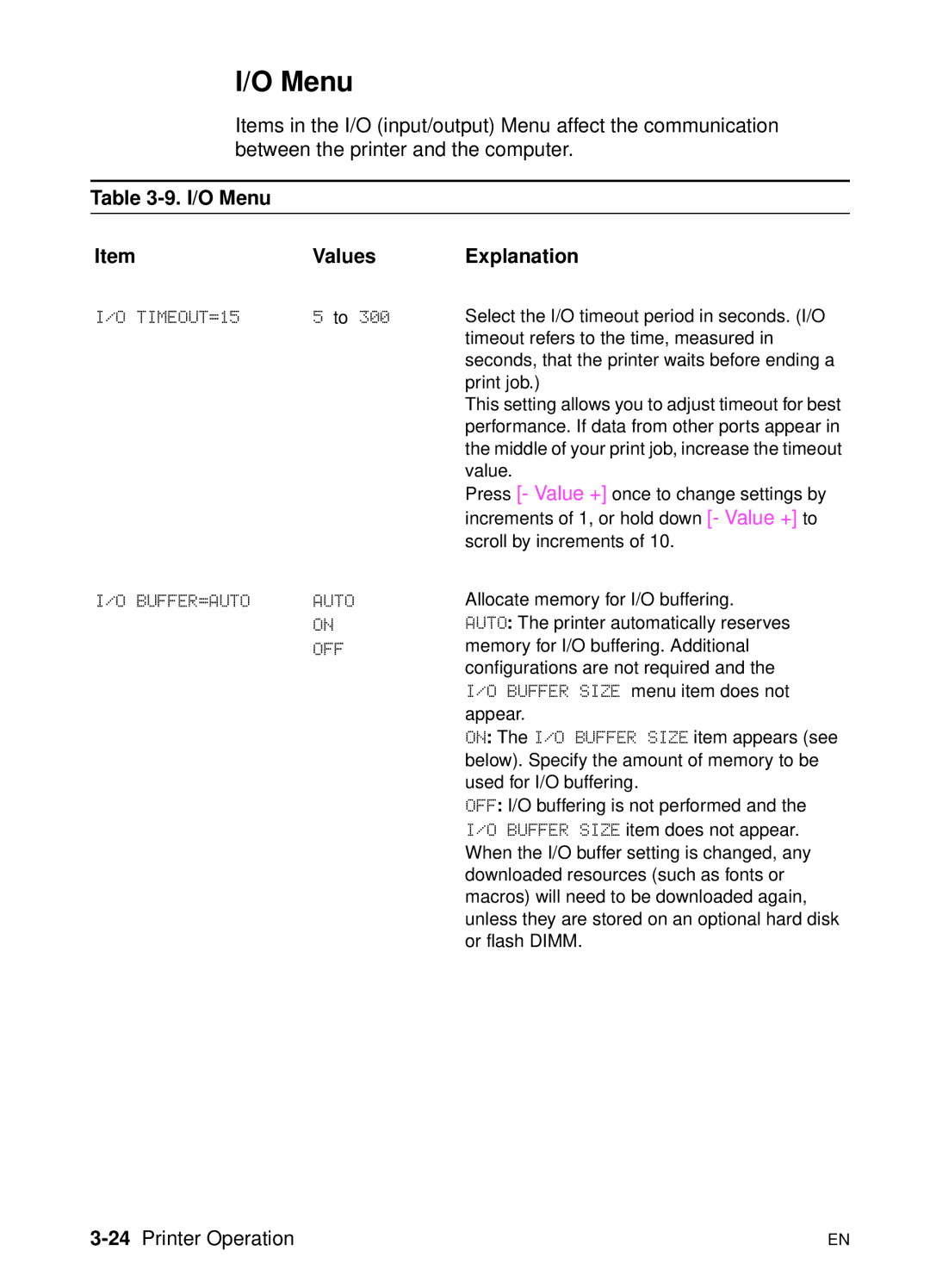 HP 5000n manual I/O Menu Values Explanation, TIMEOUT=15, BUFFER=AUTO Auto, 24Printer Operation 