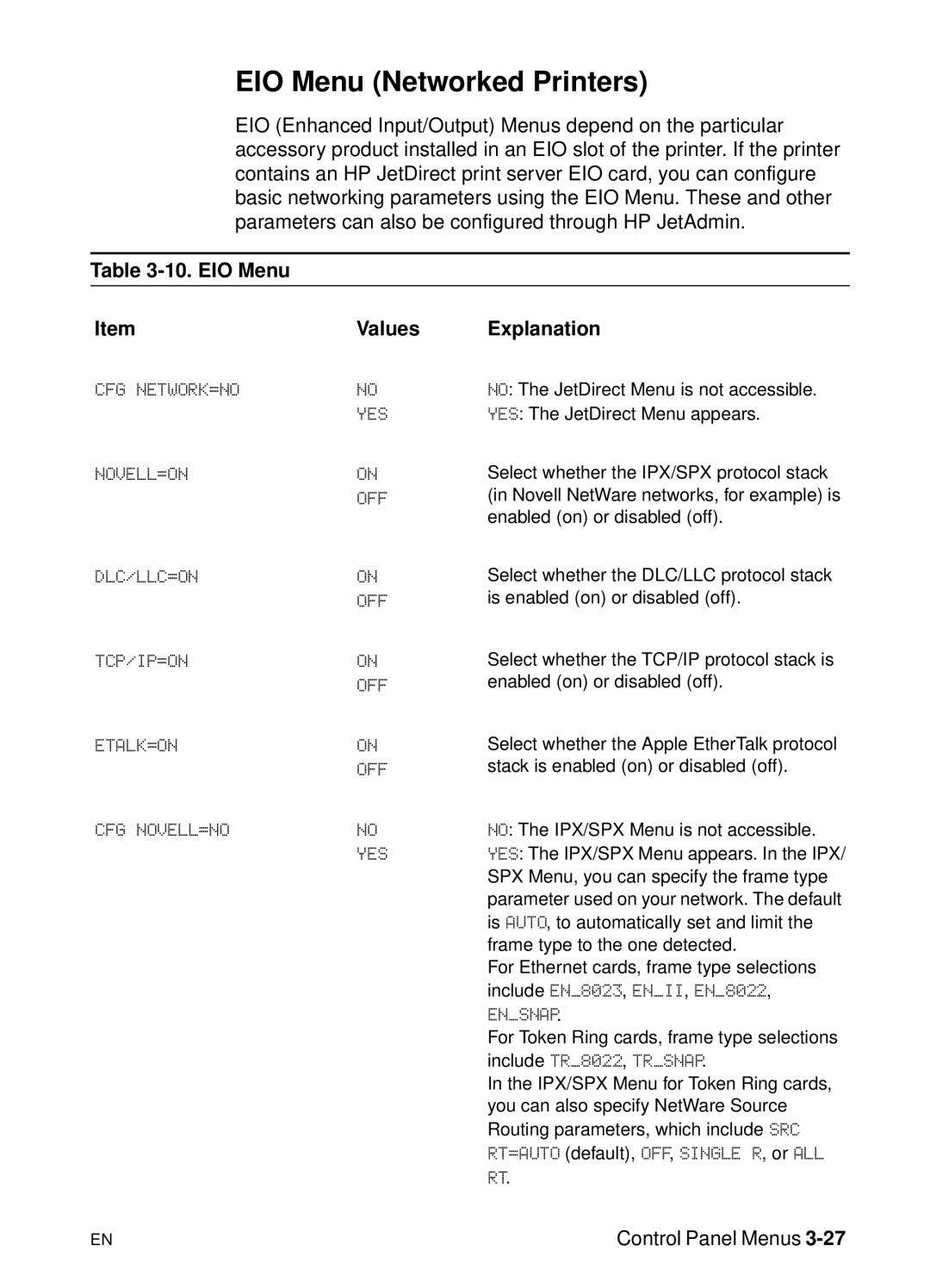 HP 5000n manual EIO Menu Networked Printers, EIO Menu Values Explanation 