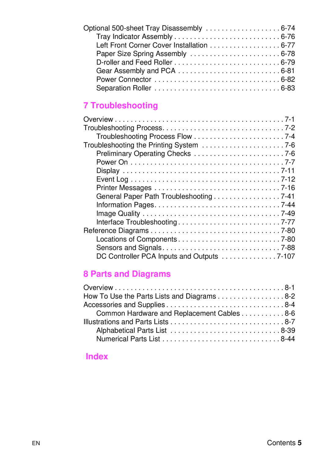 HP 5000n manual Index 