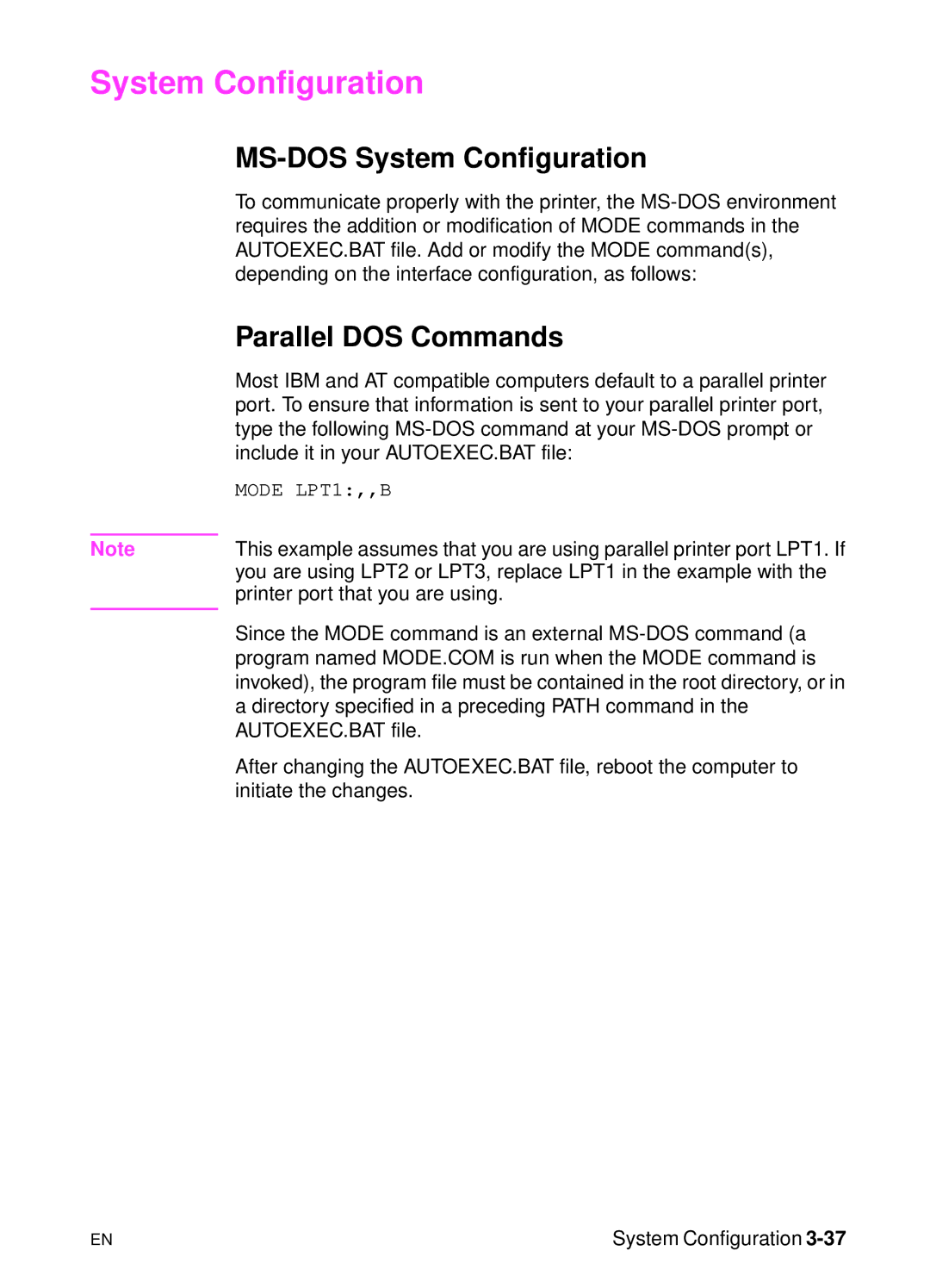 HP 5000n manual MS-DOS System Configuration, Parallel DOS Commands 