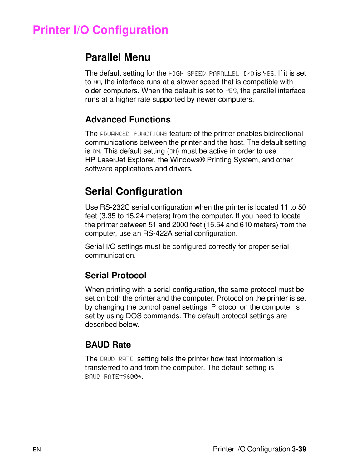 HP 5000n manual Printer I/O Configuration, Parallel Menu, Serial Configuration 