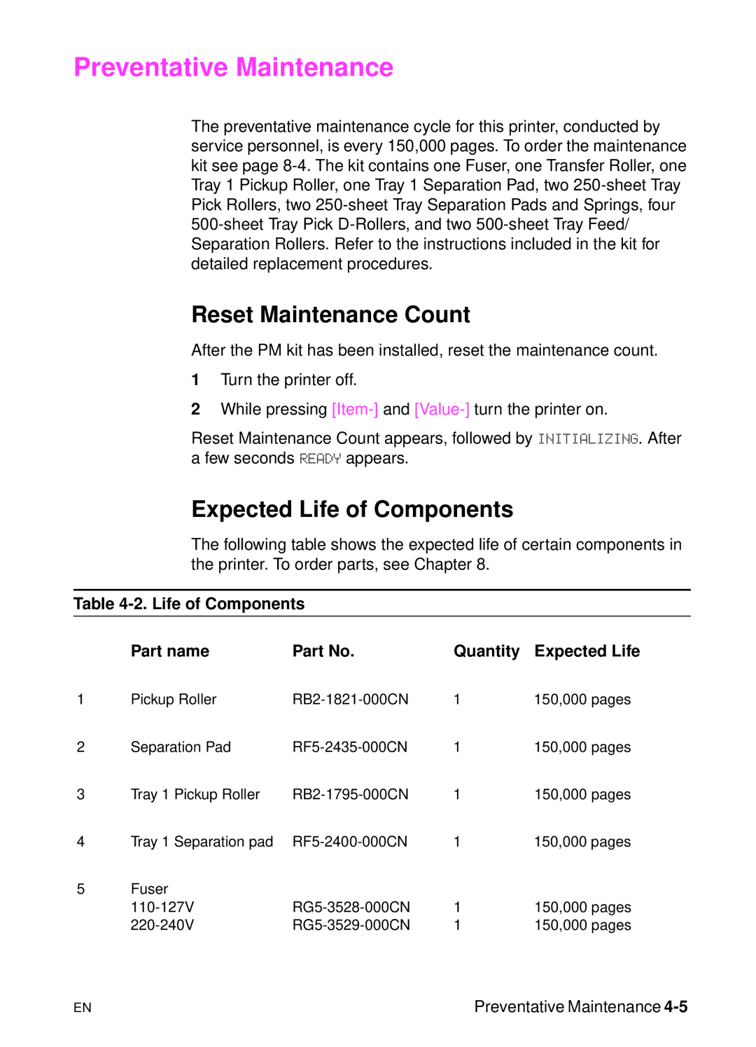 HP 5000n manual Preventative Maintenance, Reset Maintenance Count, Expected Life of Components 