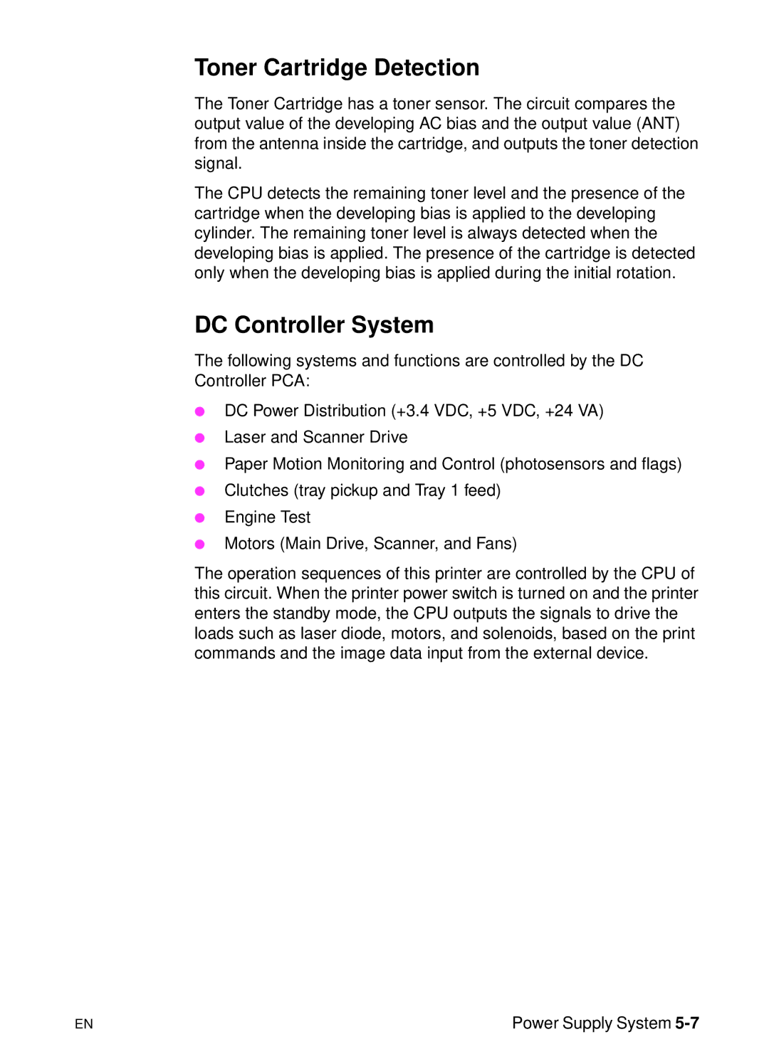 HP 5000n manual Toner Cartridge Detection, DC Controller System 