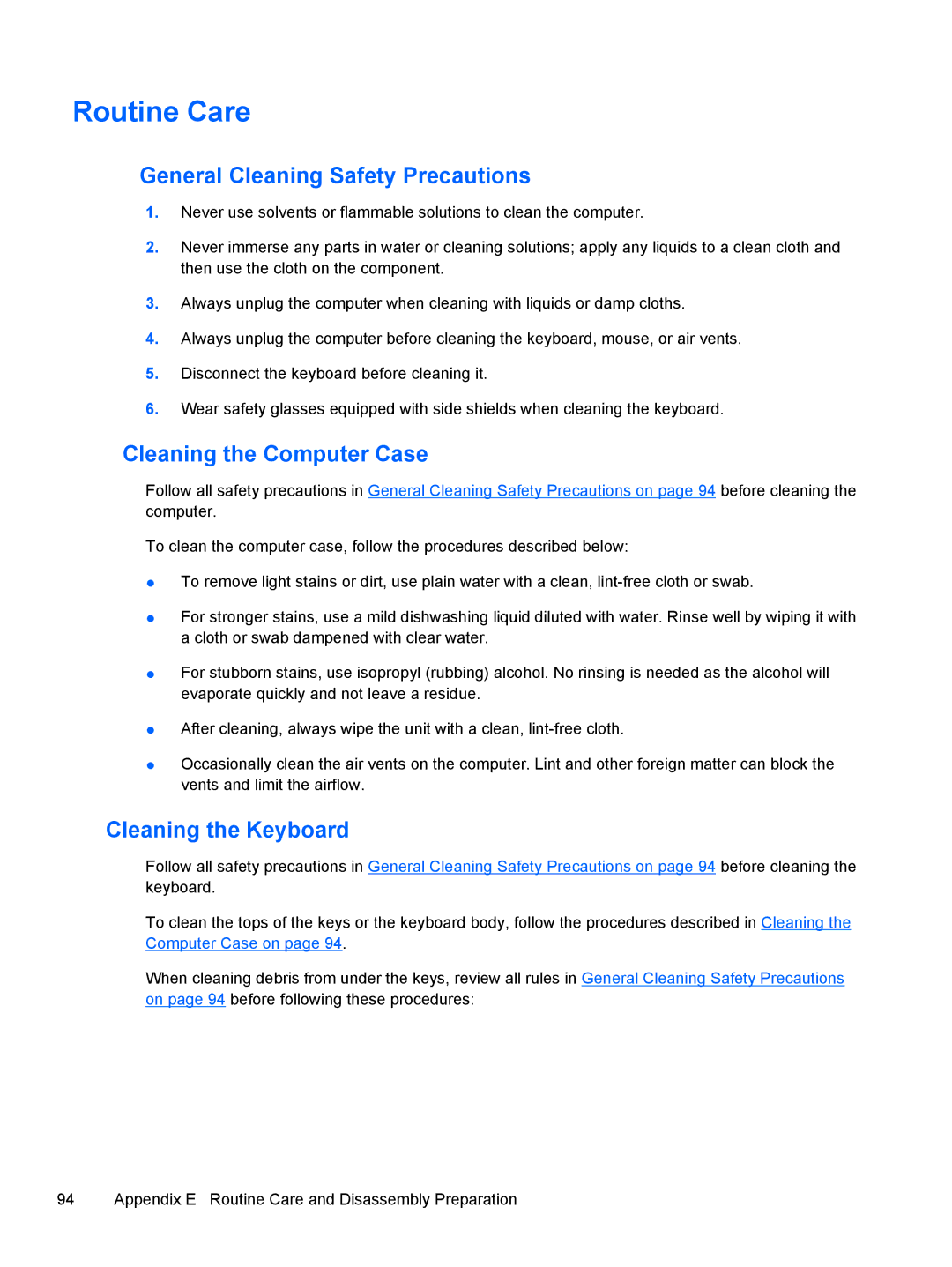 HP 500B VS695UT VS695UT#ABA manual Routine Care, General Cleaning Safety Precautions, Cleaning the Computer Case 