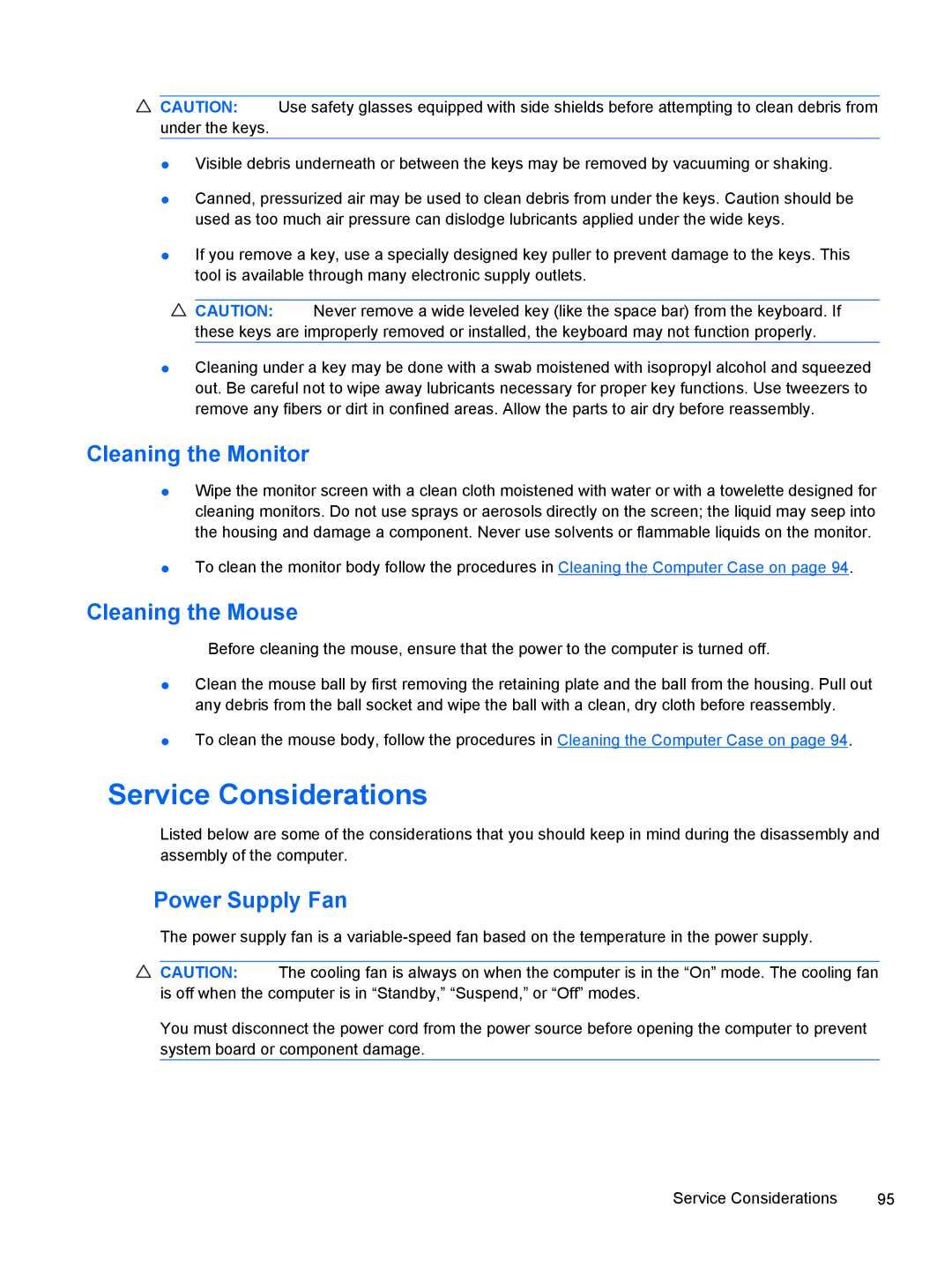 HP 500B VS695UT 505B, 500B VS695UT 515B Service Considerations, Cleaning the Monitor, Cleaning the Mouse, Power Supply Fan 