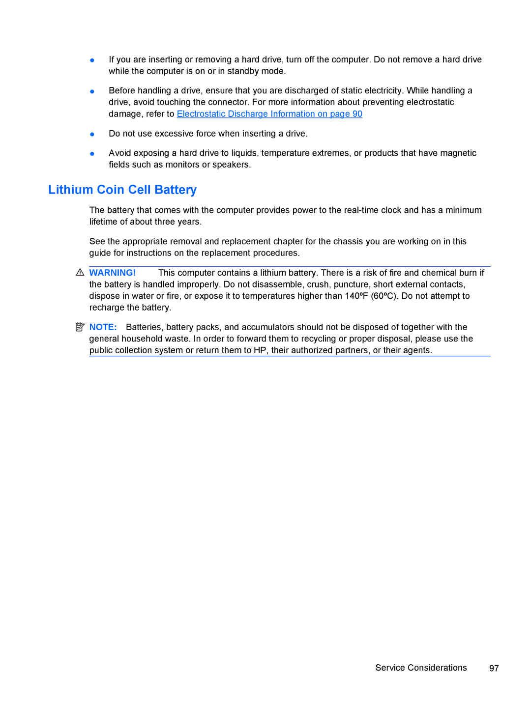 HP 500B VS695UT VS695UT#ABA, 500B VS695UT 505B, 500B VS695UT 515B manual Lithium Coin Cell Battery 