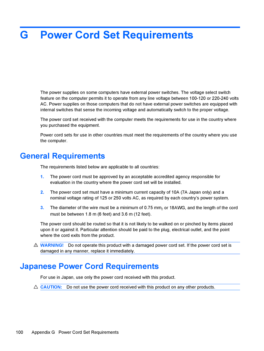 HP 500B VS695UT VS695UT#ABA manual Power Cord Set Requirements, General Requirements, Japanese Power Cord Requirements 