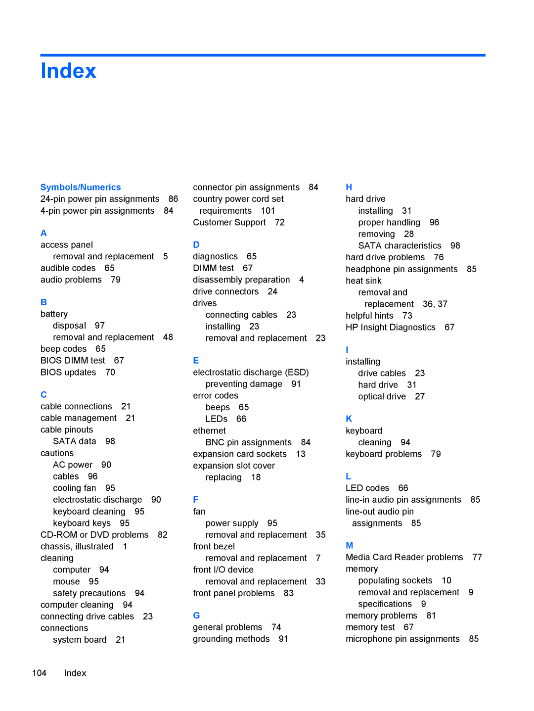 HP 500B VS695UT 505B, 500B VS695UT VS695UT#ABA, 500B VS695UT 515B manual Index, Symbols/Numerics 