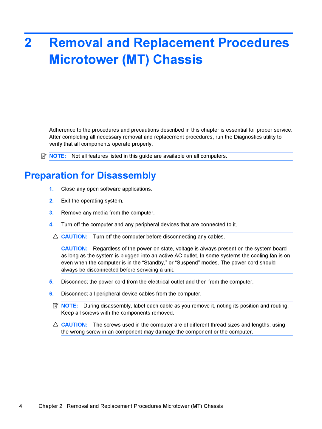 HP 500B VS695UT VS695UT#ABA manual Removal and Replacement Procedures Microtower MT Chassis, Preparation for Disassembly 