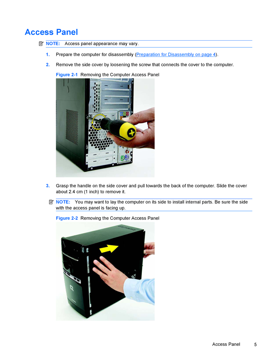 HP 500B VS695UT 505B, 500B VS695UT VS695UT#ABA, 500B VS695UT 515B manual 2Removing the Computer Access Panel 