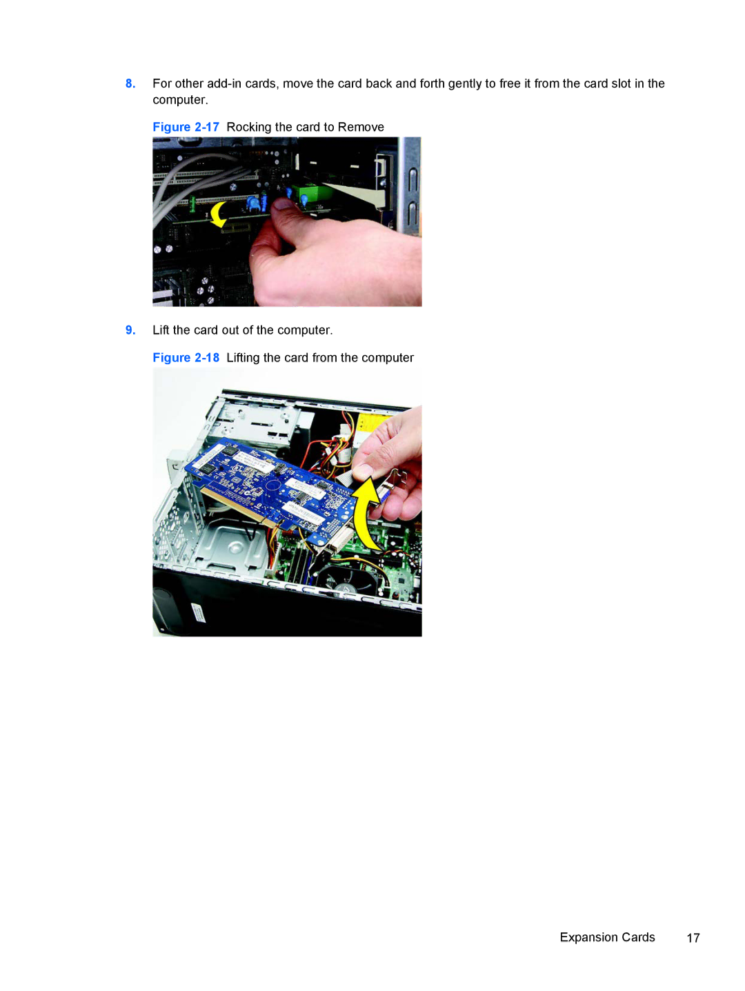 HP 500B VS695UT 505B, 500B VS695UT VS695UT#ABA, 500B VS695UT 515B manual 18Lifting the card from the computer Expansion Cards 