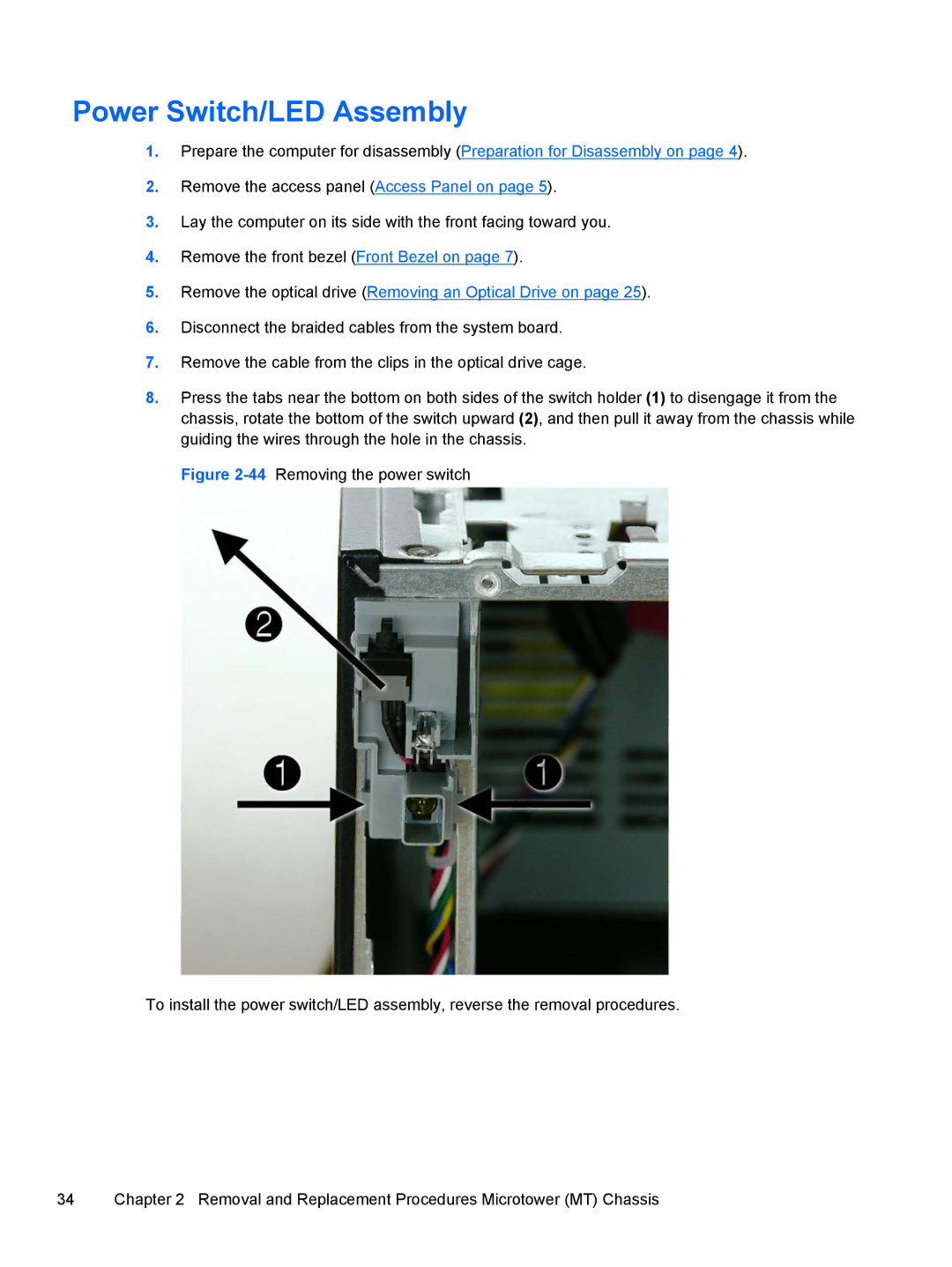 HP 500B VS695UT VS695UT#ABA manual Power Switch/LED Assembly, Remove the optical drive Removing an Optical Drive on 