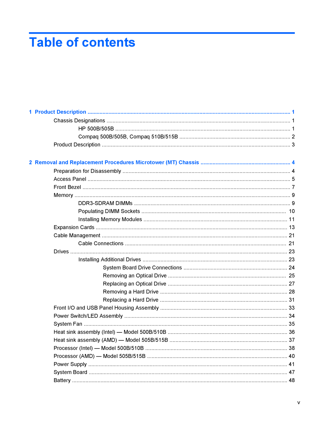 HP 500B VS695UT 515B, 500B VS695UT VS695UT#ABA, 500B VS695UT 505B manual Table of contents 