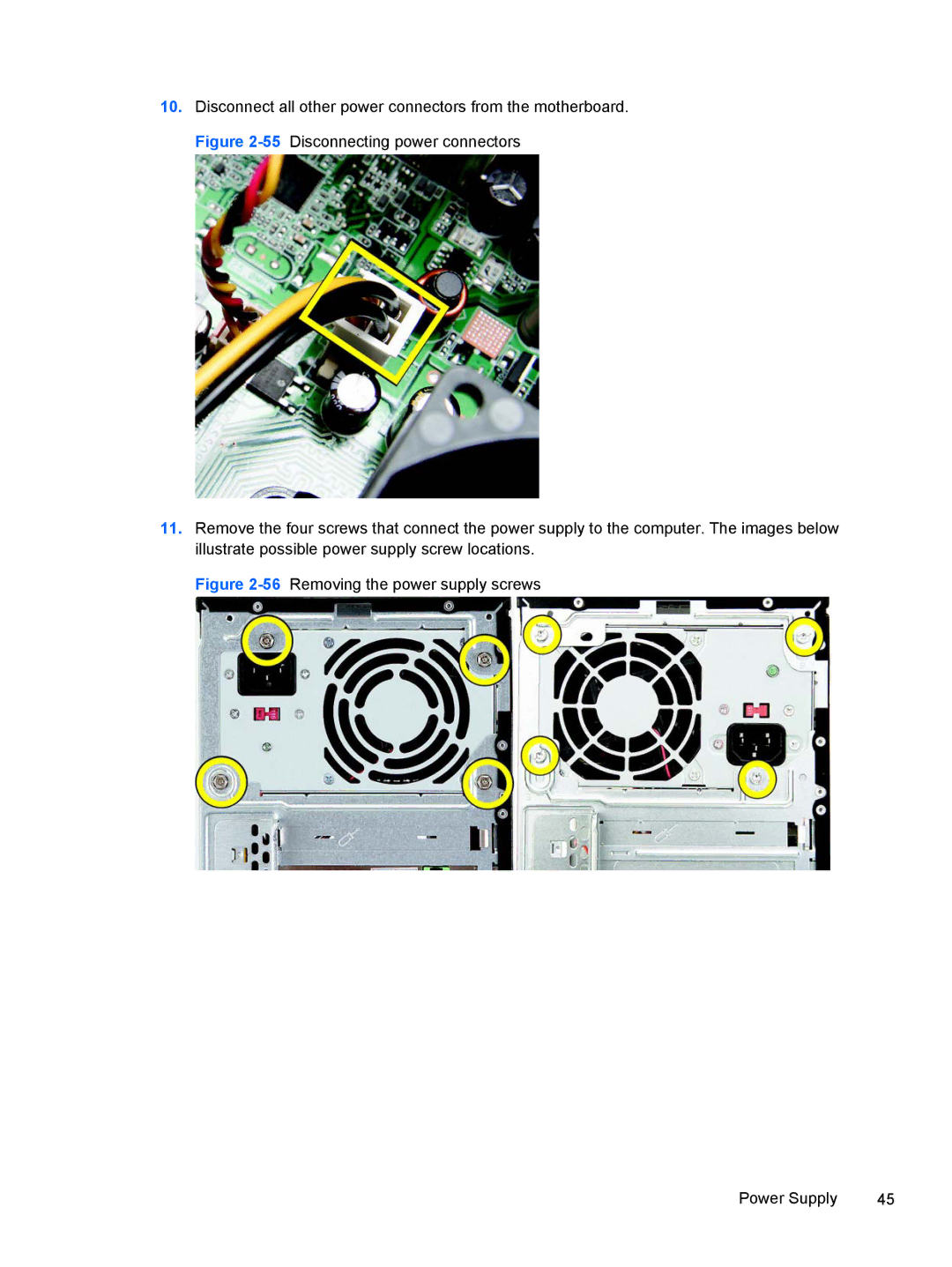 HP 500B VS695UT 515B, 500B VS695UT VS695UT#ABA, 500B VS695UT 505B manual 56Removing the power supply screws Power Supply 