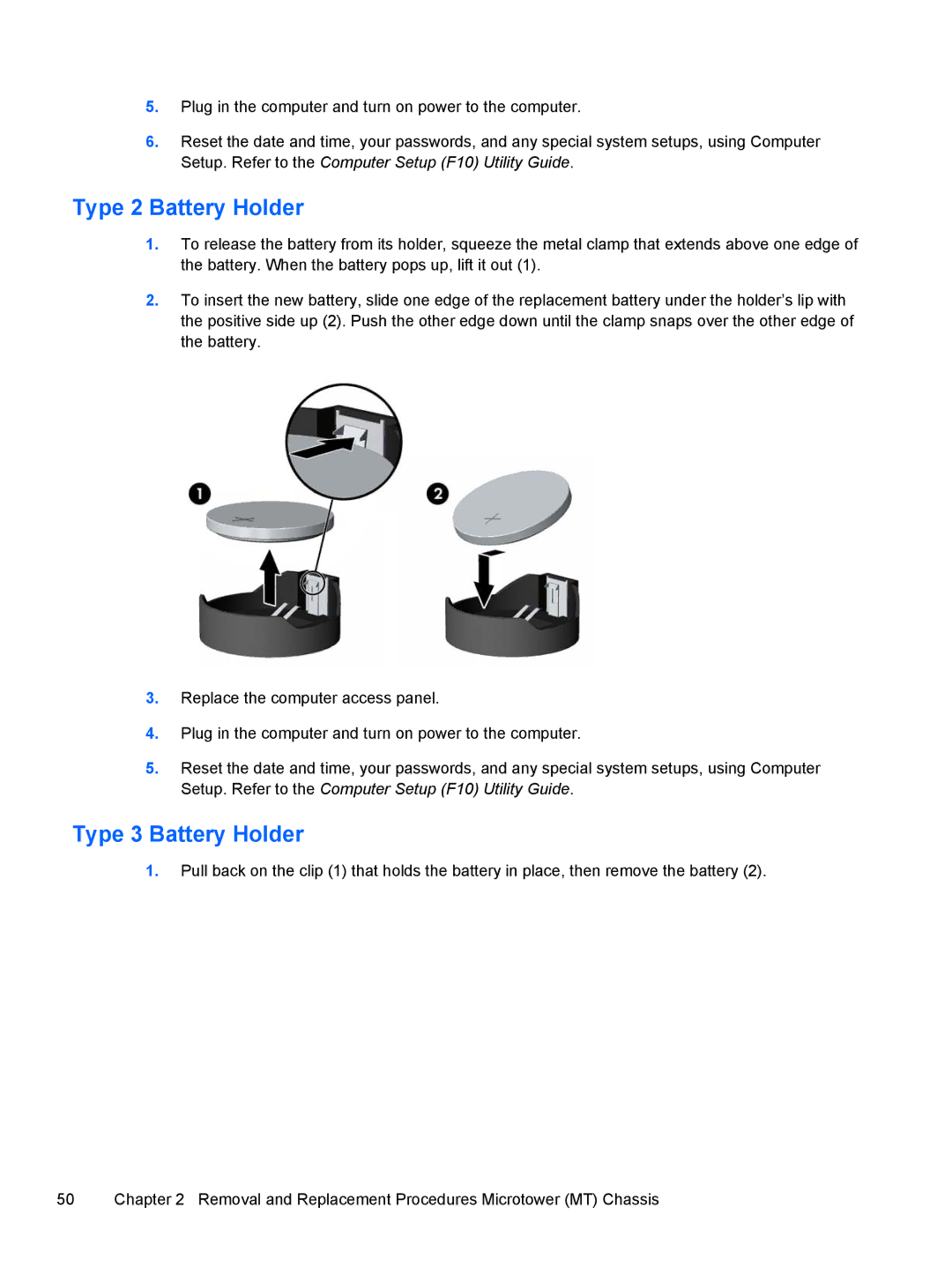 HP 500B VS695UT 505B, 500B VS695UT VS695UT#ABA, 500B VS695UT 515B manual Type 2 Battery Holder, Type 3 Battery Holder 