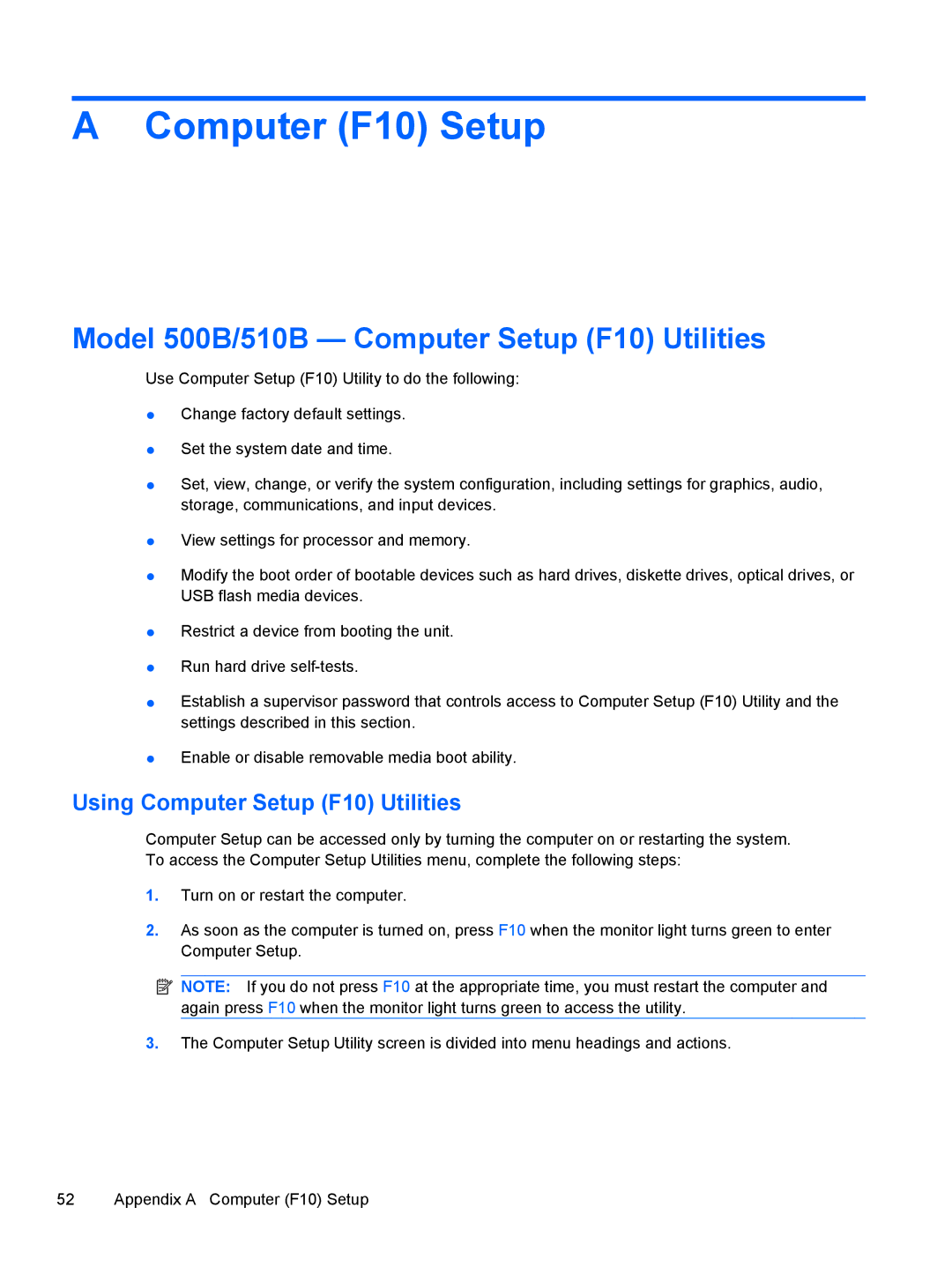 HP 500B VS695UT VS695UT#ABA, 500B VS695UT 505B manual Computer F10 Setup, Model 500B/510B Computer Setup F10 Utilities 