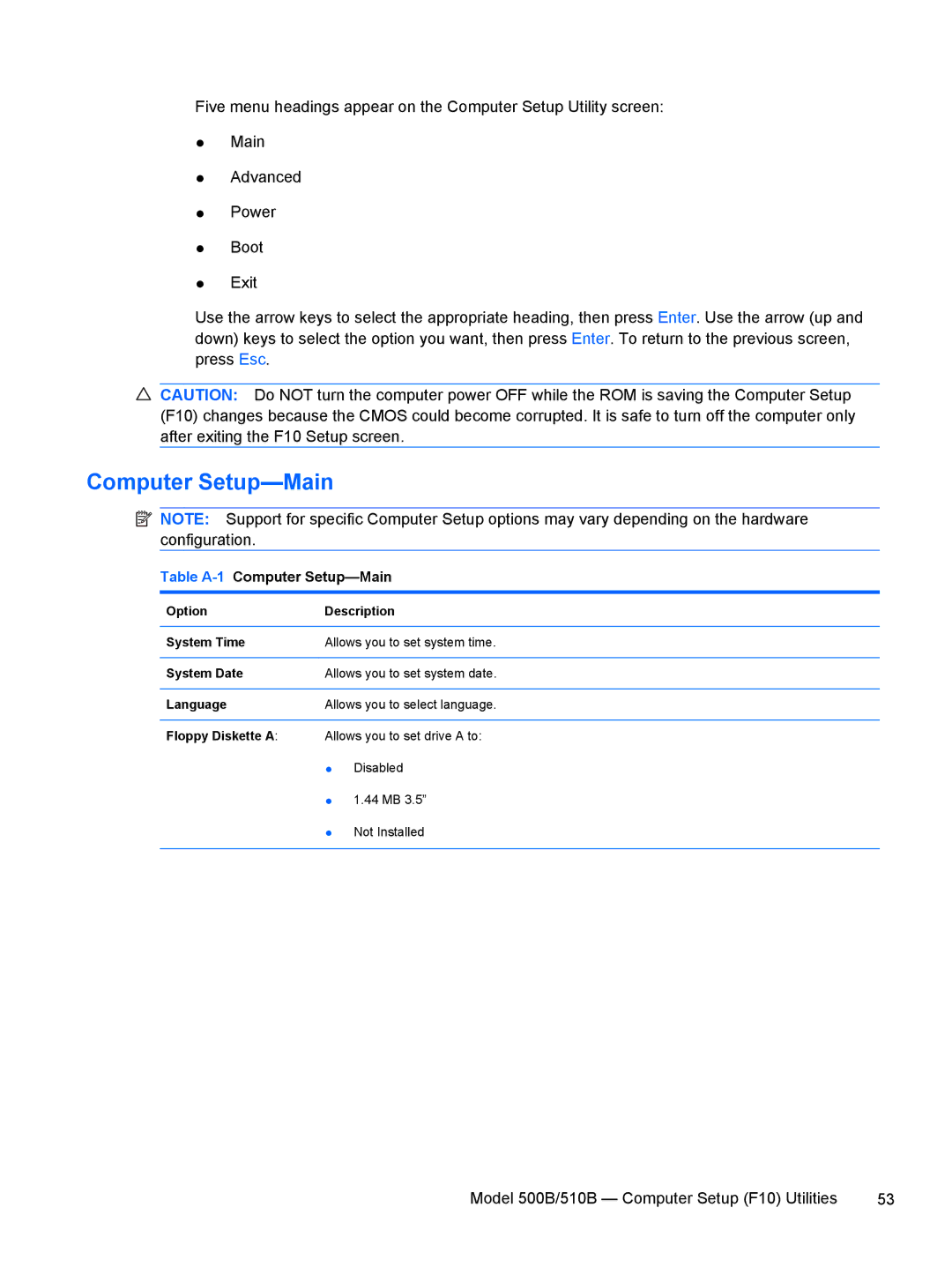 HP 500B VS695UT 505B, 500B VS695UT VS695UT#ABA, 500B VS695UT 515B manual Table A-1Computer Setup-Main 