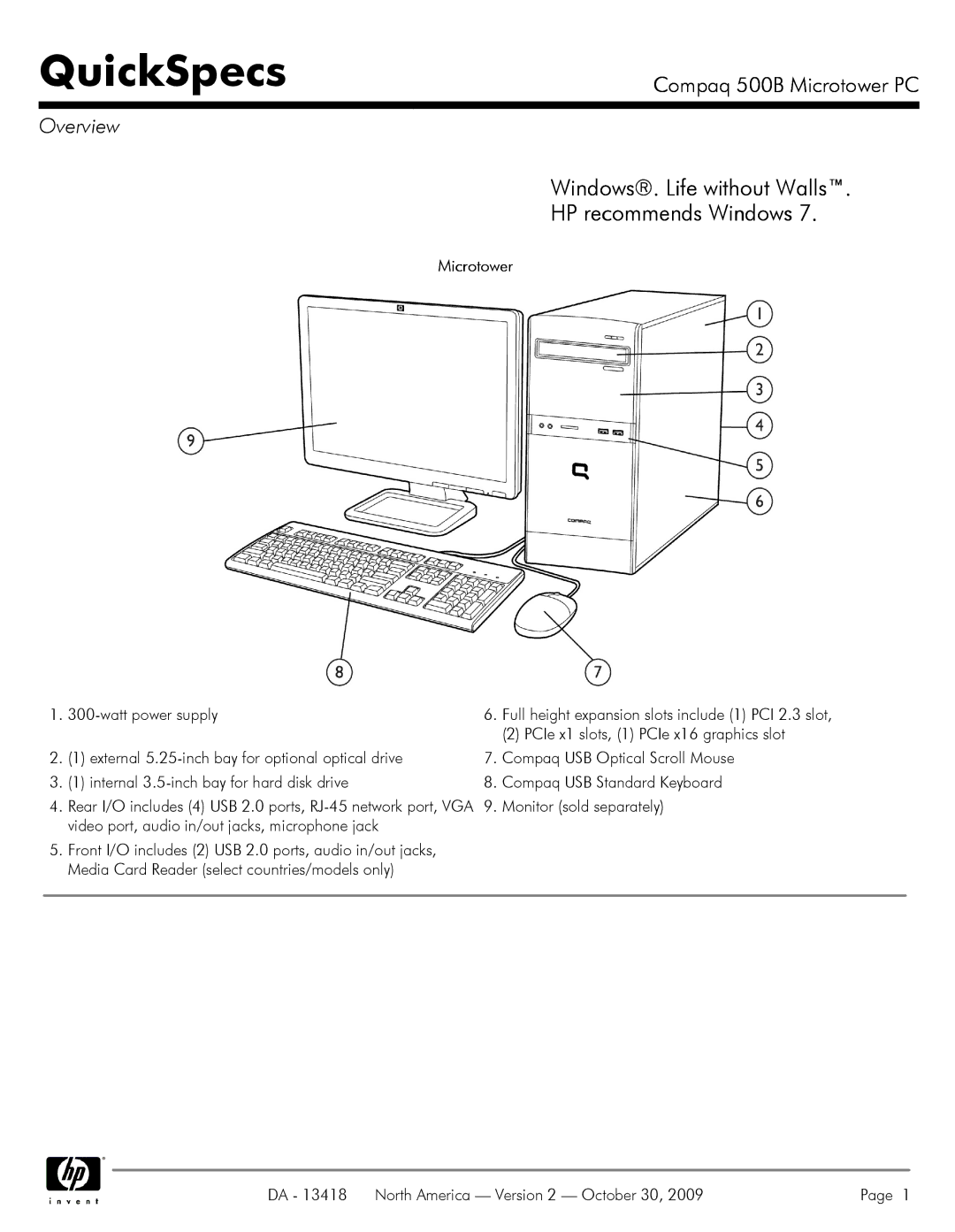 HP 500B VS875UT#ABA manual Overview, Microtower, Watt power supply, PCIe x1 slots, 1 PCIe x16 graphics slot 