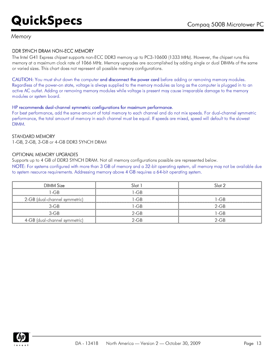 HP 500B VS875UT#ABA manual DDR Synch Dram NON-ECC Memory, Standard Memory, Optional Memory Upgrades, Dimm Size Slot 