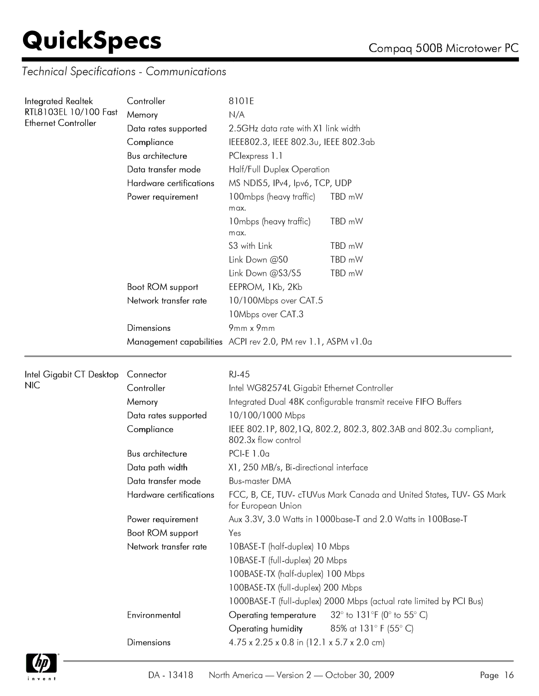 HP 500B VS875UT#ABA manual Technical Specifications Communications 