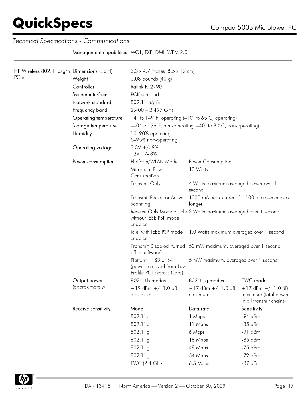 HP 500B VS875UT#ABA manual PCIe Weight, System interface, Network standard, Frequency band, Storage temperature, Humidity 