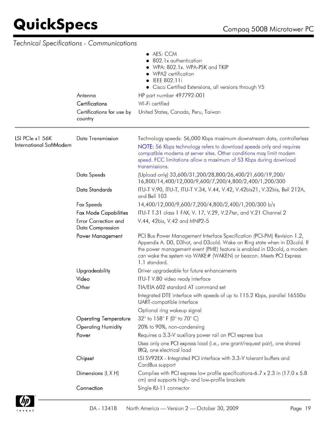 HP 500B VS875UT#ABA Antenna, Certifications, Country LSI PCIe x1 56K Data Transmission, Data Speeds, Data Standards, Video 