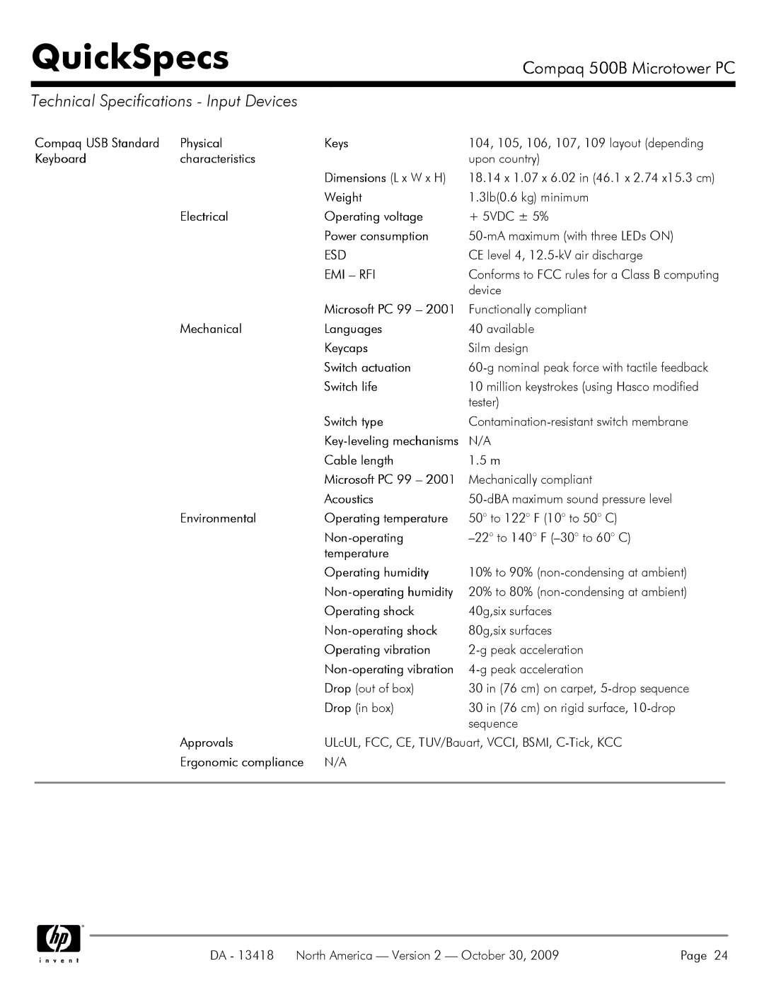 HP 500B VS875UT#ABA manual Technical Specifications Input Devices, Esd, Emi Rfi 