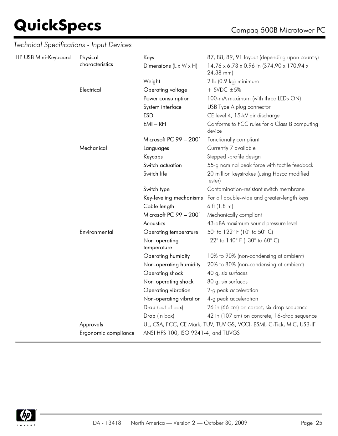 HP 500B VS875UT#ABA manual HP USB Mini-Keyboard Physical Keys, Characteristics Dimensions L x W x H, Cable length 