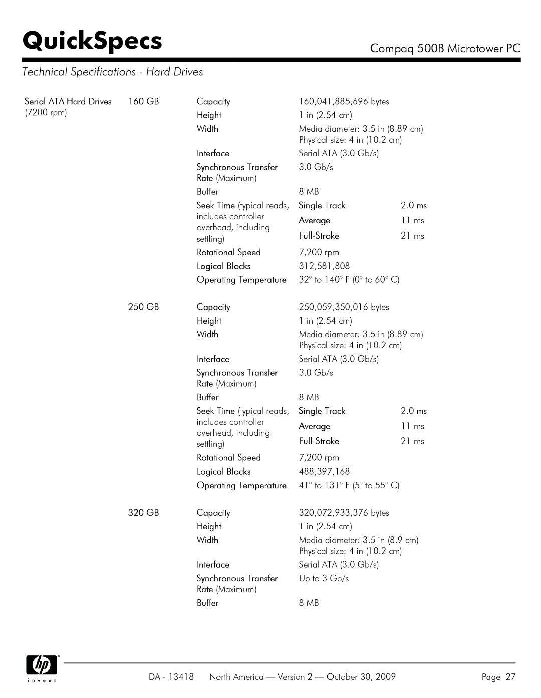 HP 500B VS875UT#ABA manual Technical Specifications Hard Drives 