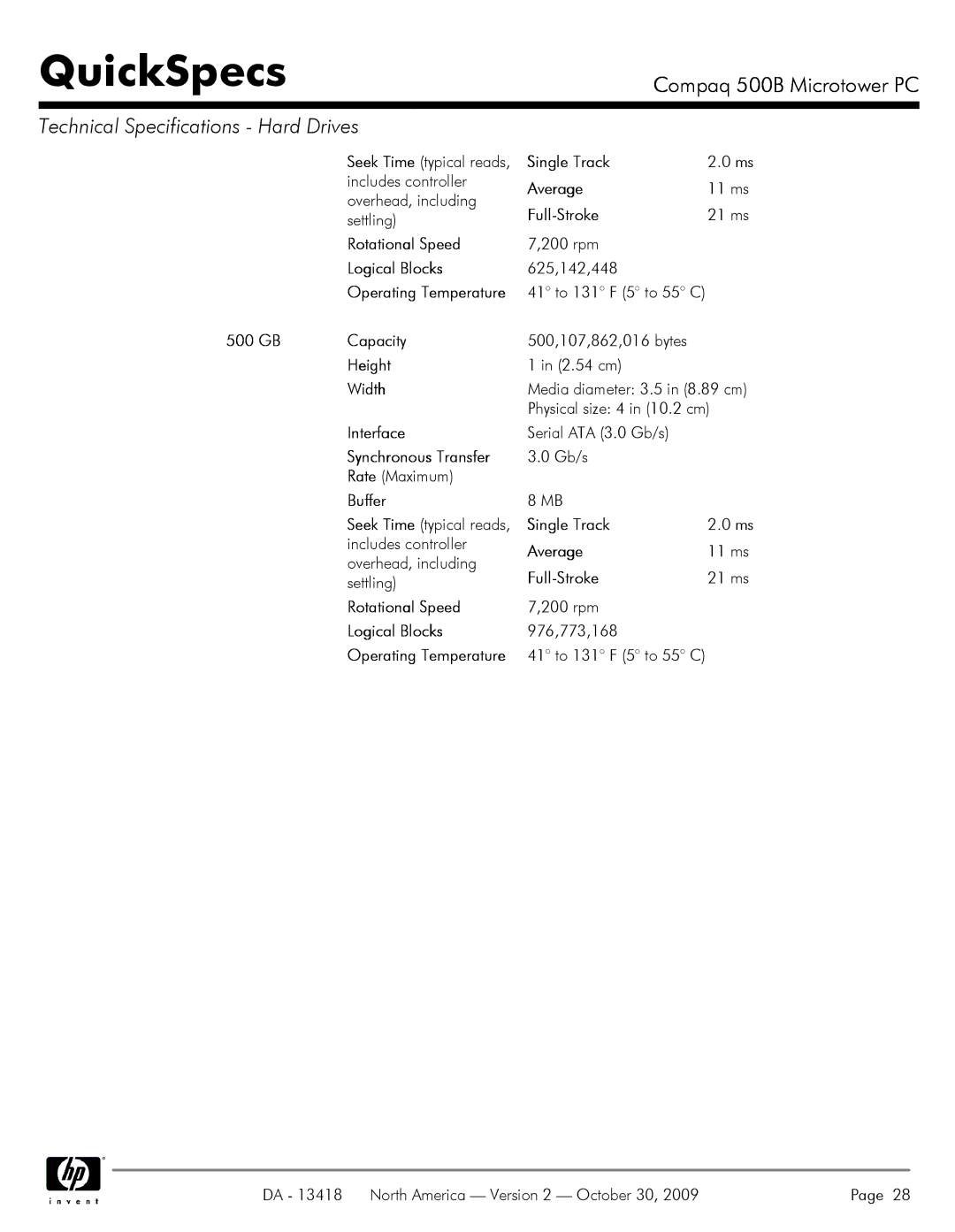 HP 500B VS875UT#ABA manual 625,142,448, GB Capacity, 500,107,862,016 bytes, 976,773,168 